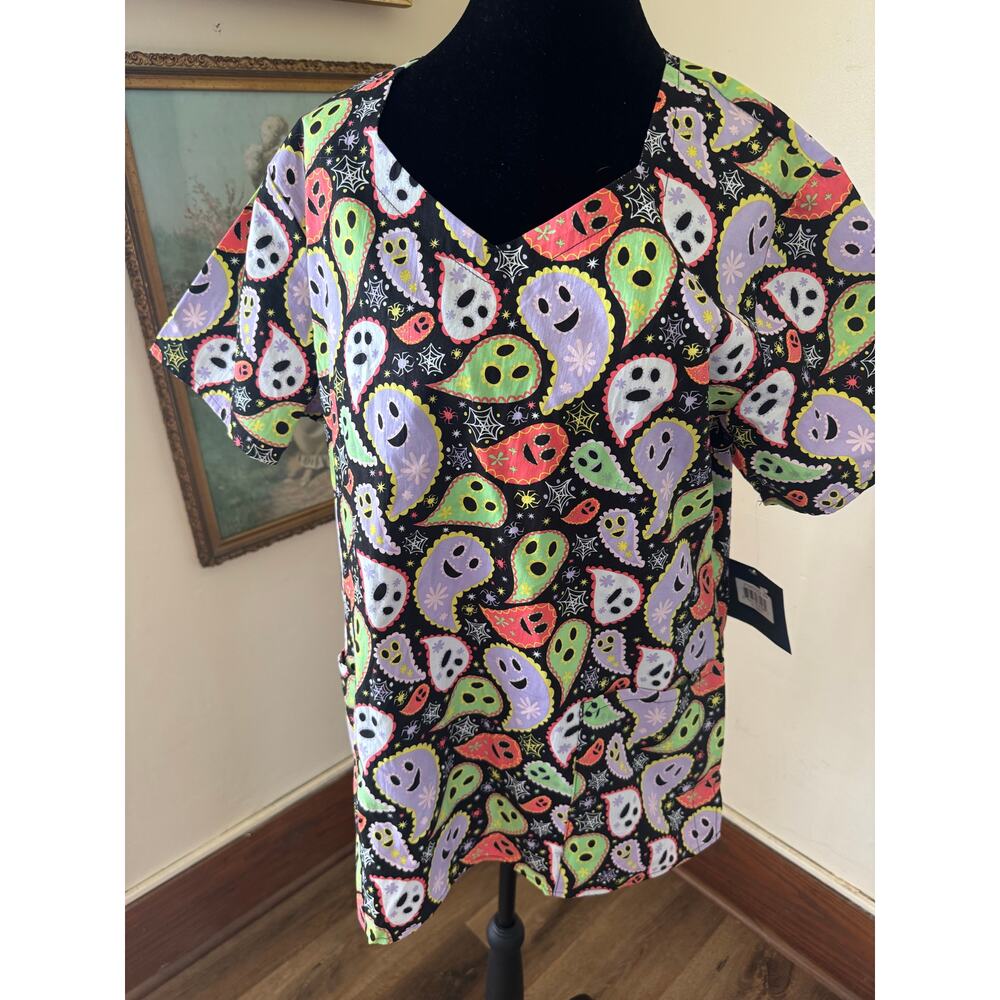 NWT Zoe + Chloe Halloween Ghost Scrub Top Medium Black V-Neck Pockets